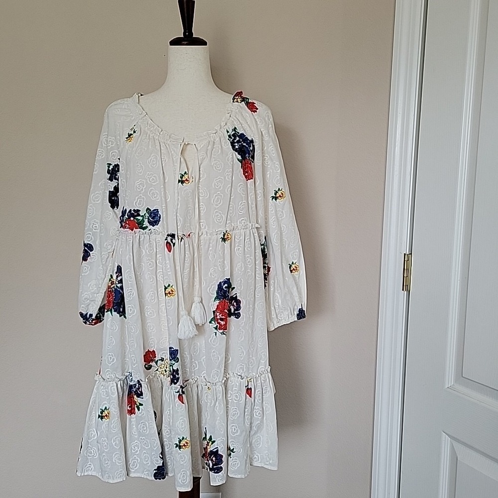 Tory Burch English Tea Rose Coverup Dress Sz L Embroidery Floral Tiered Cottage